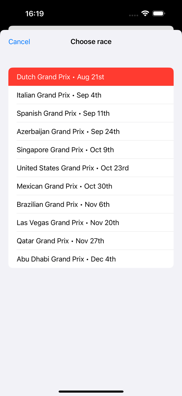 iPhone Formula 1 Widget - full season race list